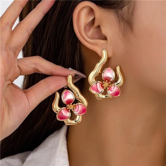 Bold Enamel Flower Earrings | Chunky Gold Floral Drop Dangles - Picture 2 of 5